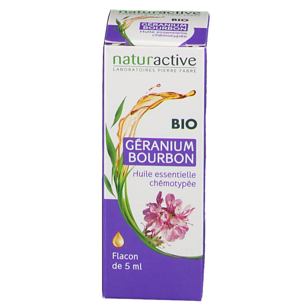 Verpackung mit Text. Aufschrift: Naturactive, Géranium Bourbon, BIO, Huile essentielle chémotypée. Flacon de 5 ml.
