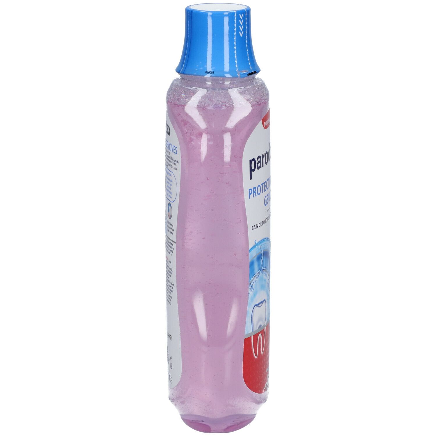 Vue latérale du flacon de bain de bouche Parodontax. Liquide rose, bouchon bleu. Étiquette avec informations produit.