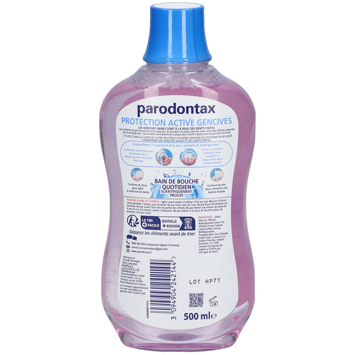 Dos du flacon de bain de bouche Parodontax. Liquide rose, bouchon bleu. Informations et ingrédients du produit.