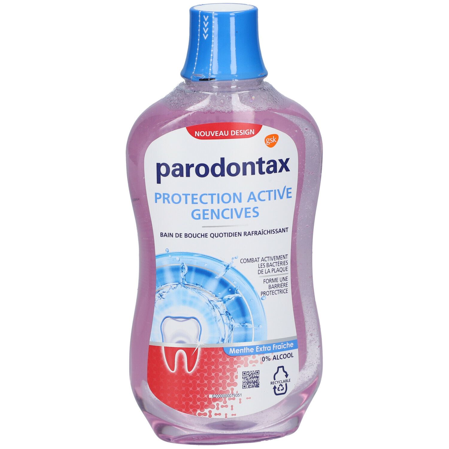 Flacon de bain de bouche Parodontax, liquide rose, bouchon bleu. Inscription: Protection Active Gencives, Menthe Extra Fraiche.