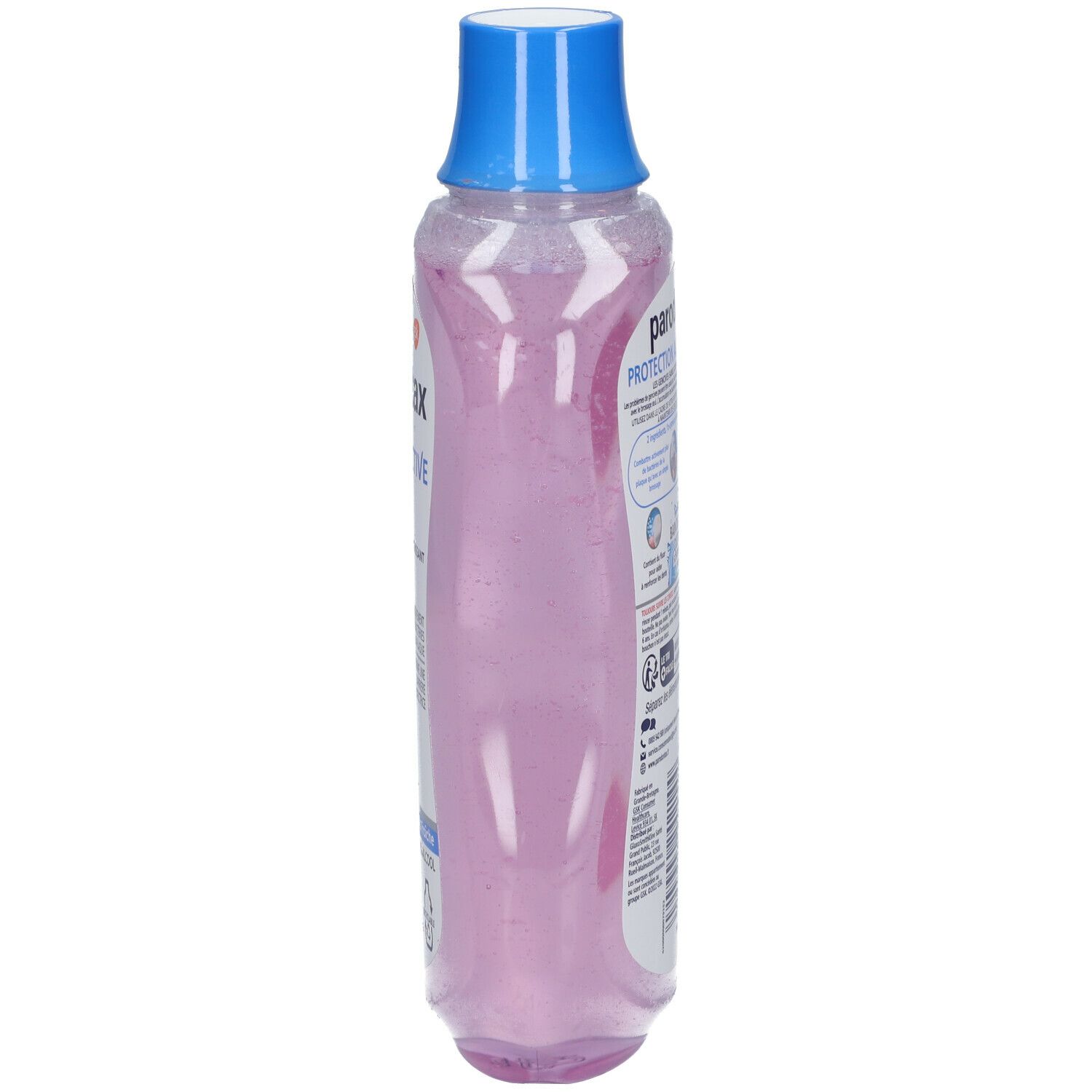 Vue latérale du flacon de bain de bouche Parodontax. Liquide rose, bouchon bleu. Étiquette avec informations produit.