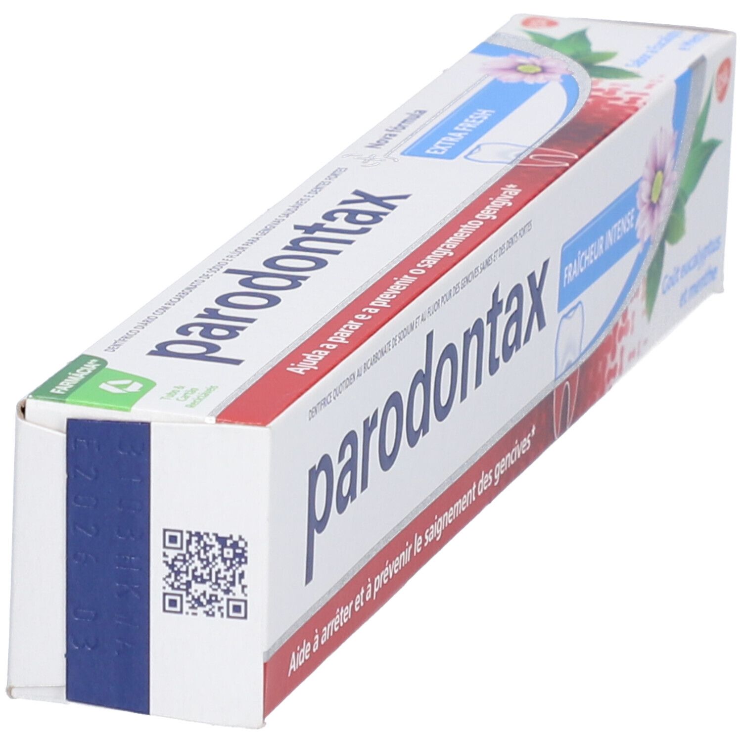 Emballage carton pour dentifrice "parodontax". Blanc avec design rouge et bleu. Code QR et texte "Aide à arrêter et à prévenir le saignement des gencives".