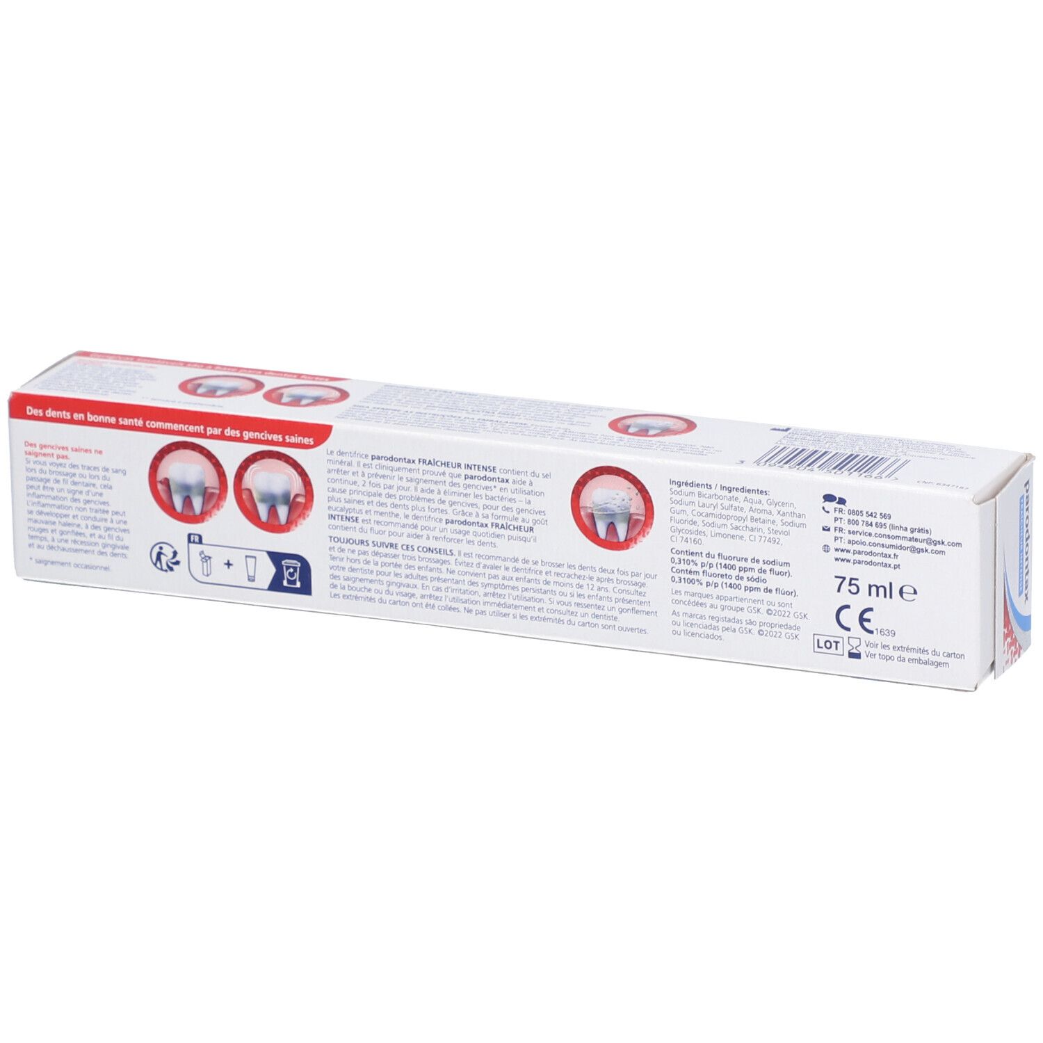 Dos de l'emballage carton de dentifrice. Texte avec informations produit et illustrations. "75 ml" et marquage CE.