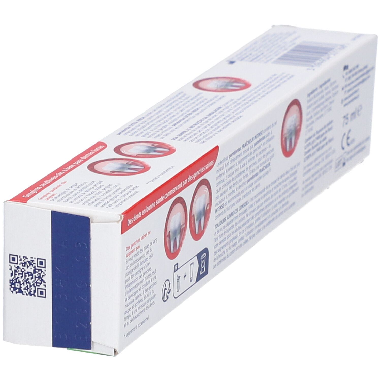 Emballage carton pour dentifrice. Blanc avec design rouge et bleu. Code QR et illustrations. "75 ml" et marquage CE.