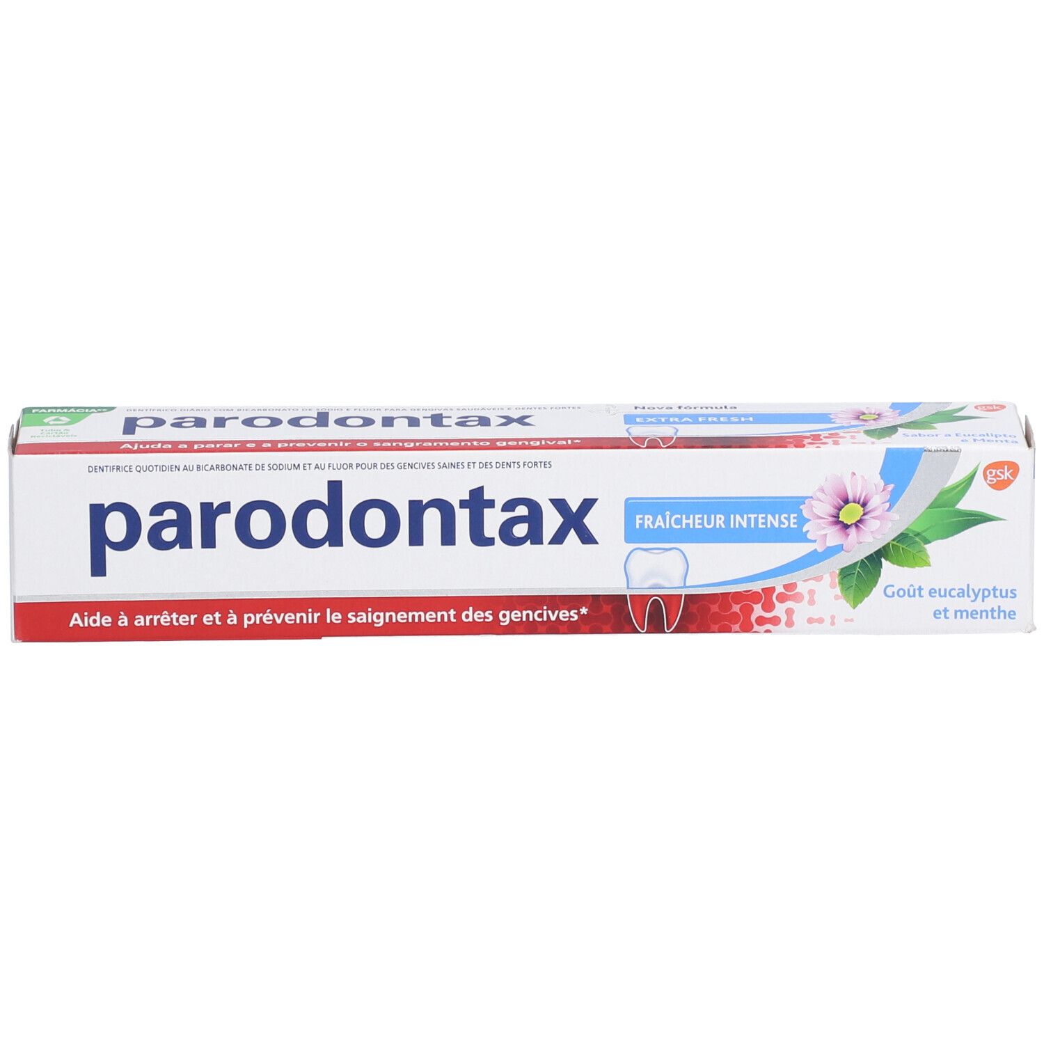 Tube de dentifrice "parodontax". Tube blanc avec design rouge et bleu. Texte "Fraisheur Intense" et "Goût eucalyptus et menthe".
