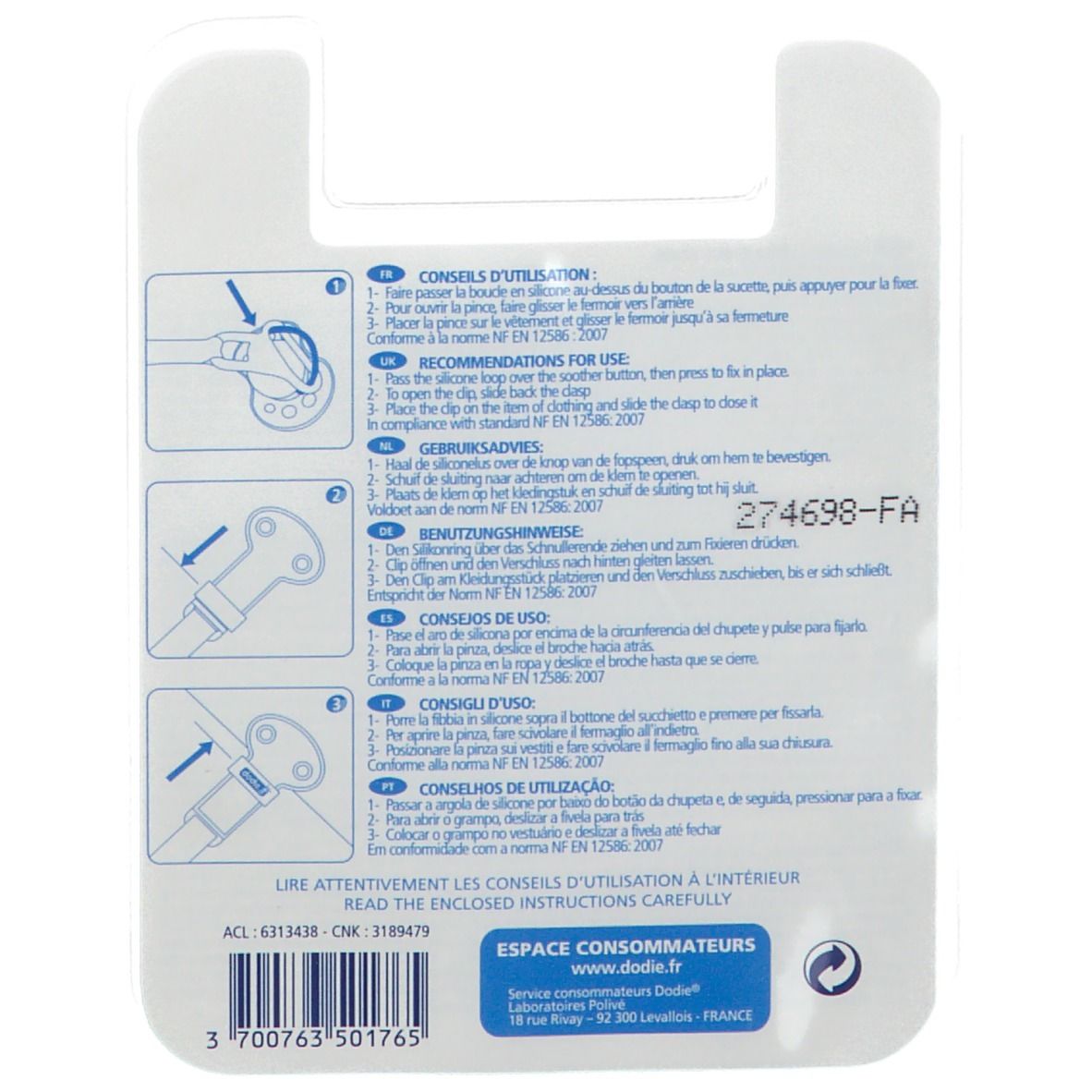 Rückseite der Blisterverpackung mit Anweisungen in mehreren Sprachen. Marke: dodie. Mit Illustrationen und Text.