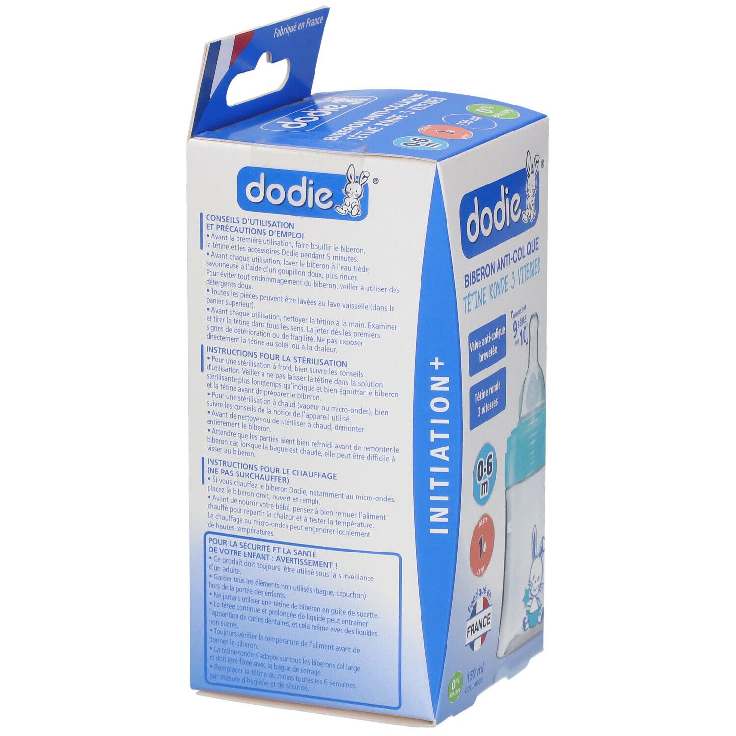 Dos de la boîte. Texte: Dodie, biberon anti-colique, conseils d'utilisation, instructions de stérilisation, consignes de sécurité.