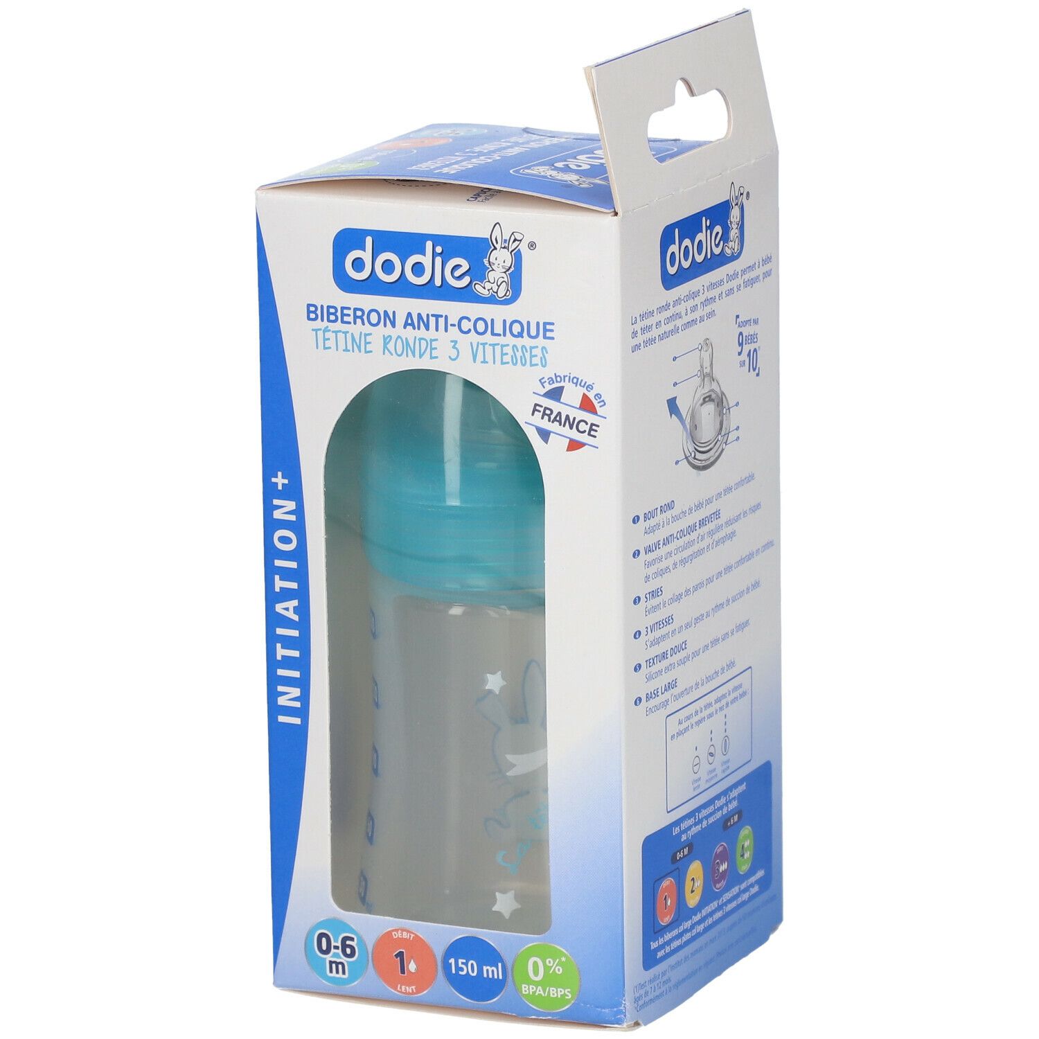 Boîte avec biberon Dodie. Bleu et transparent. Texte: anti-colique, 3 vitesses, 0-6 mois, 150 ml.