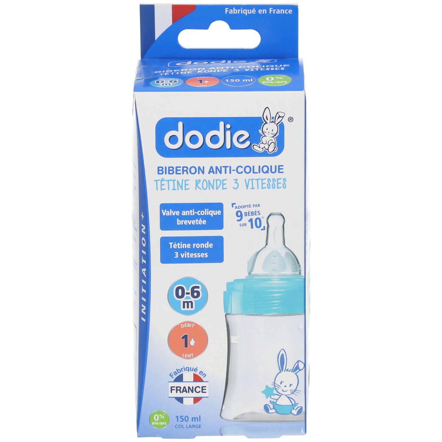 Boîte de biberon Dodie anti-colique, 3 vitesses, 0-6 mois, 150 ml. Couleur bleue et blanche. Fabriqué en France.