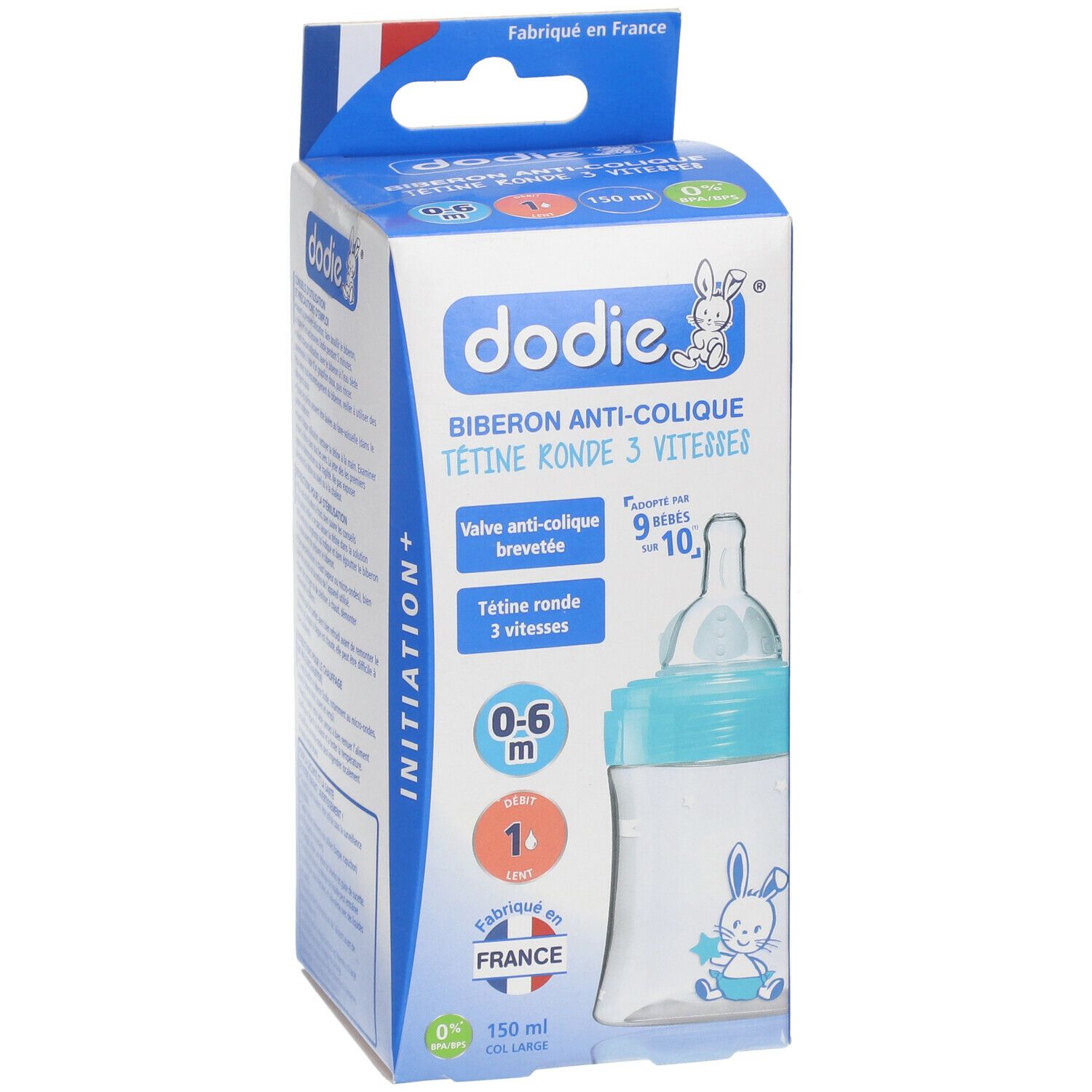 Boîte de biberon Dodie anti-colique, 3 vitesses, 0-6 mois, 150 ml. Couleur bleue et blanche. Fabriqué en France.