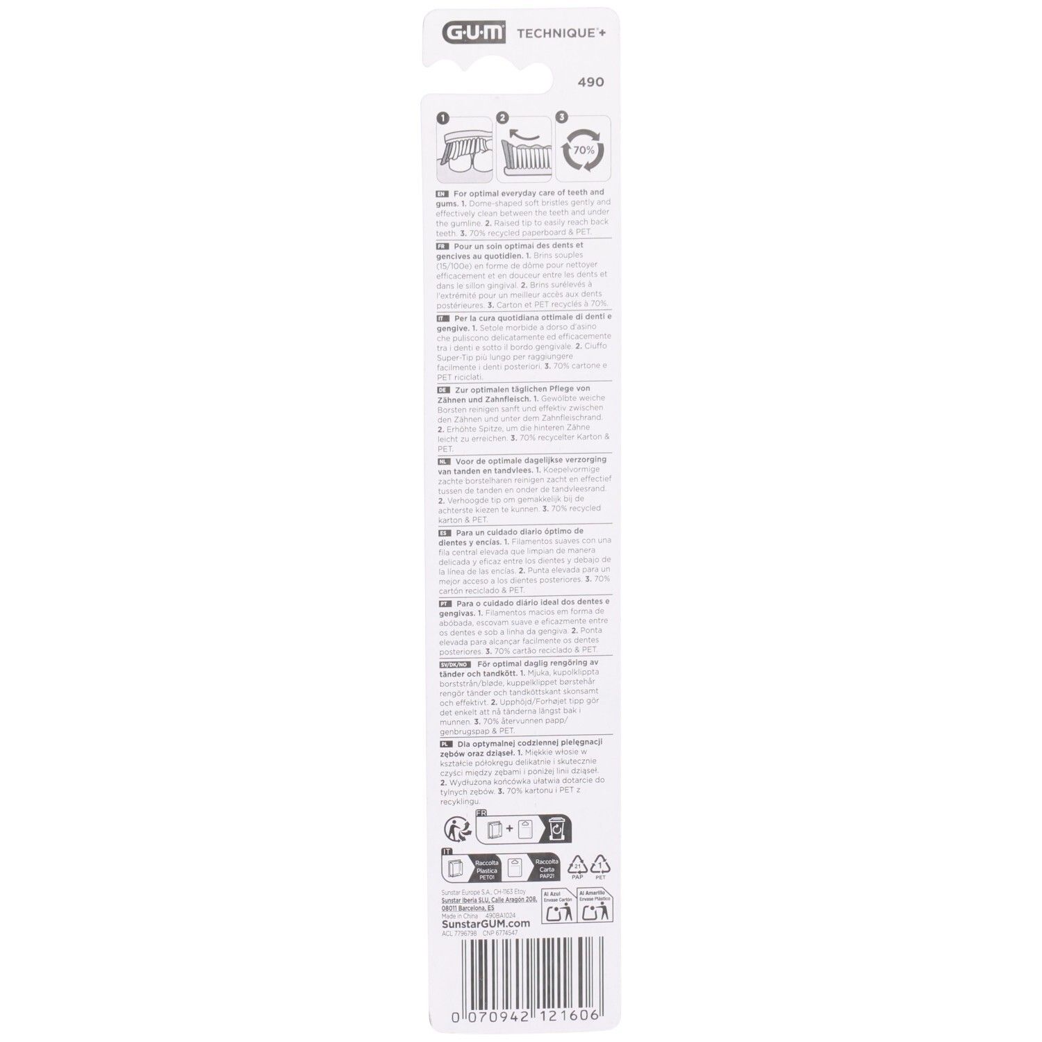 Rückseite der Verpackung. Text in mehreren Sprachen. G.U.M. Technique+. 70% recyceltes Material.
