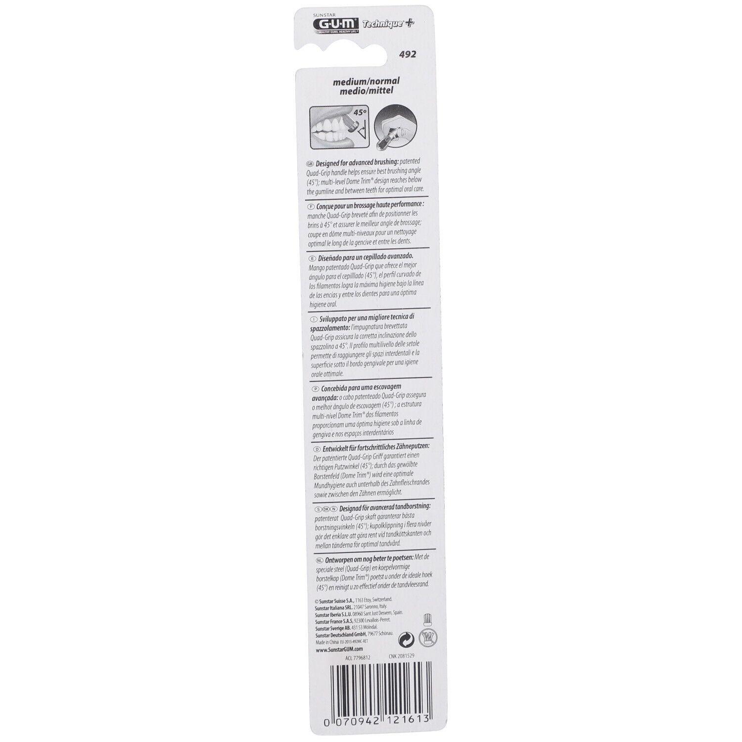 Dos de l'emballage de la brosse à dents. Texte multilingue. Marque GUM, modèle Technique+.