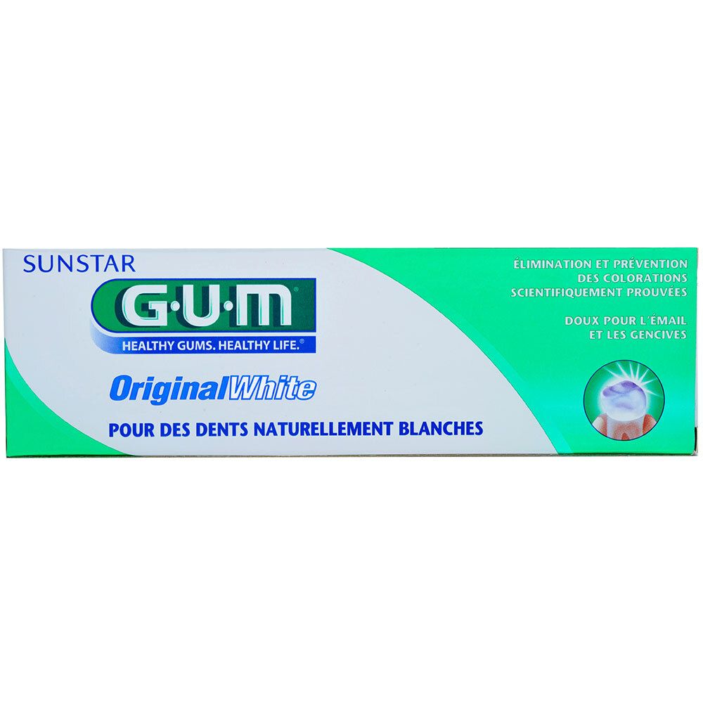 Emballage de dentifrice G.U.M. Original White. Texte en allemand et français. Design vert et blanc.