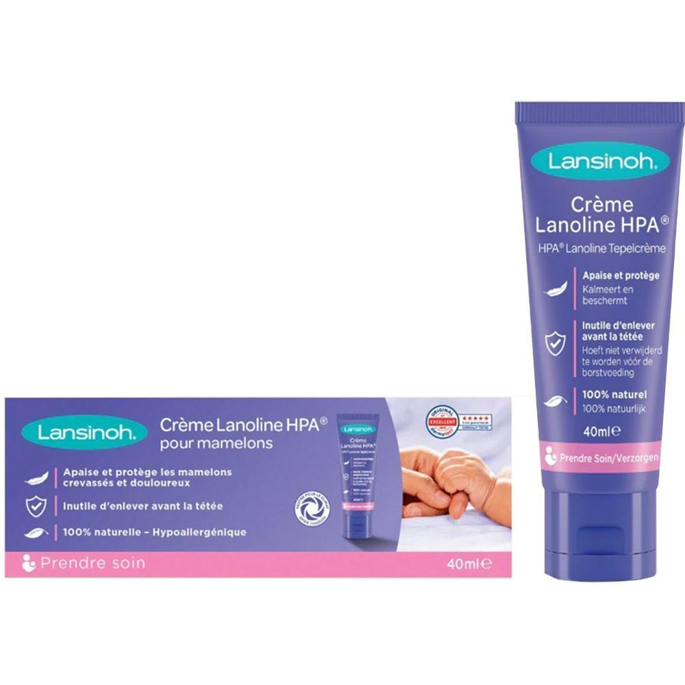 Creme-Tube und Schachtel. Aufschrift: Crème Lanolin HPA® für Brustwarzen. 40ml. 100% natürlich. Hypoallergen.