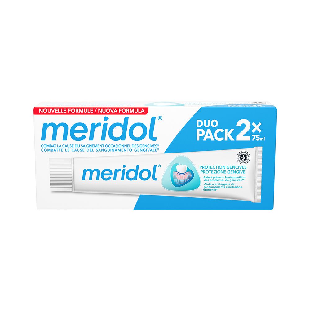 meridol® Duo Pack dentifrice. Tube blanche dans emballage bleu et blanc. Contient 2 tubes.