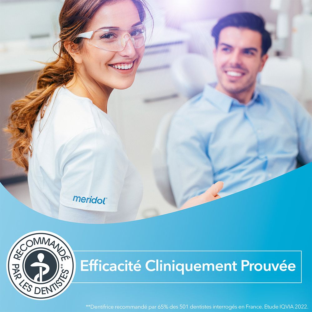 Dentiste et patient. Logo meridol®. Texte: Recommandé par les dentistes. Efficacité cliniquement prouvée.
