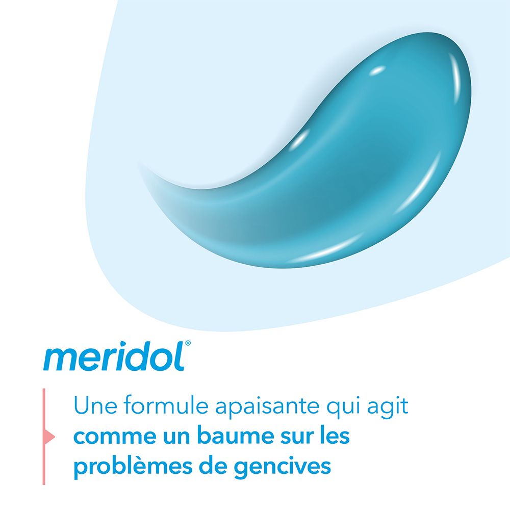 Gel bleu. Logo meridol®. Texte: Une formule apaisante qui agit comme un baume.