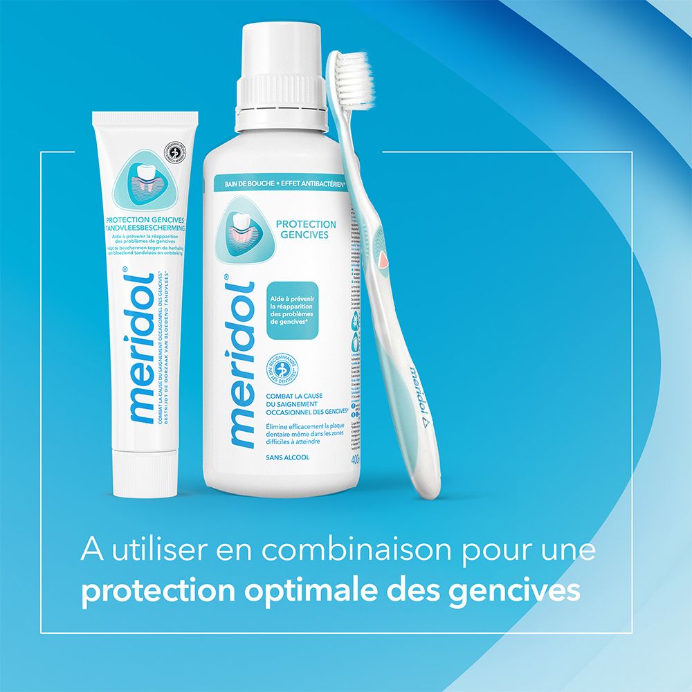 Dentifrice, bain de bouche et brosse à dents. Logo meridol®. Texte: À utiliser en combinaison pour une protection optimale des gencives.