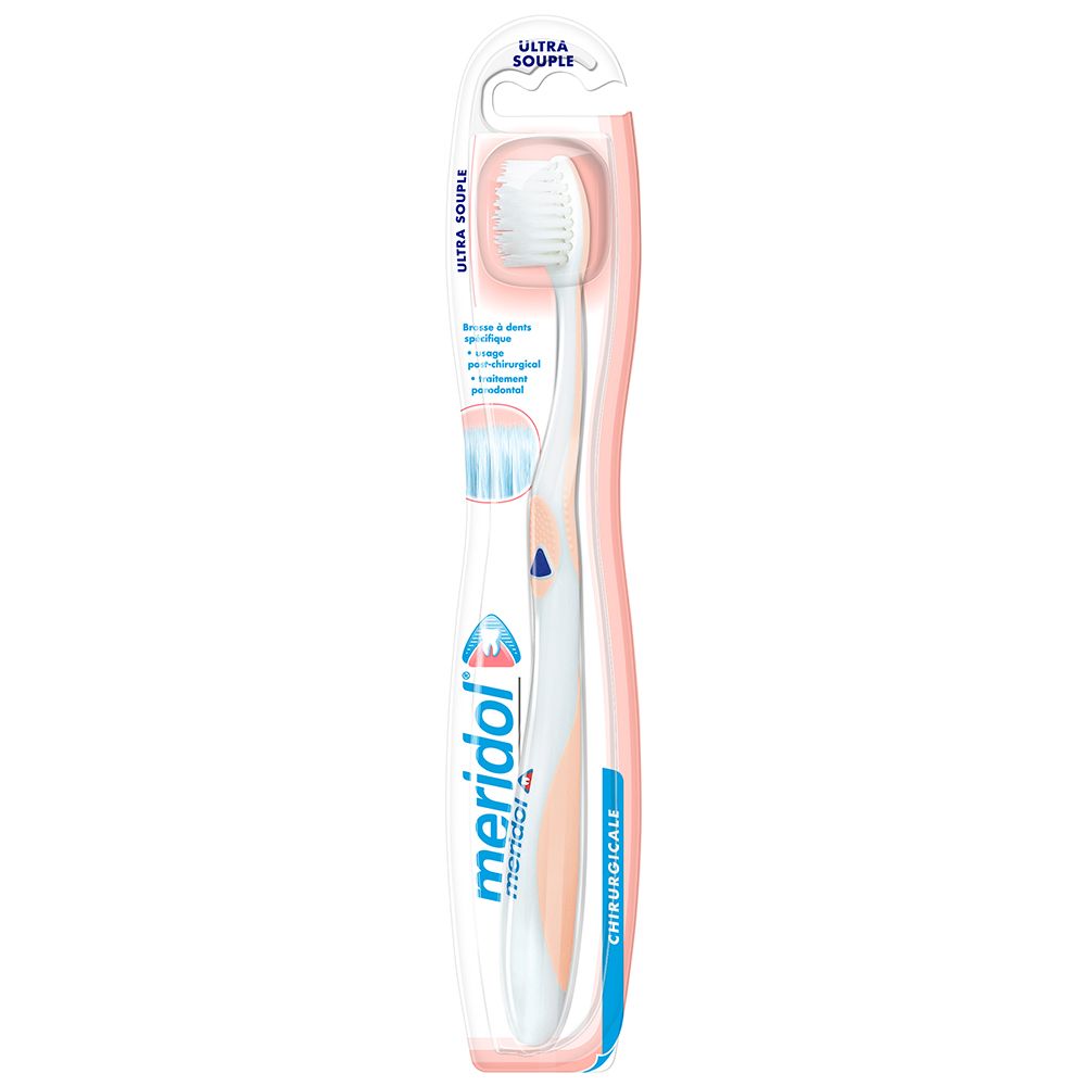 Brosse à dents dans un emballage blister. Tête blanche, manche blanc avec accents roses. Marque : meridol.