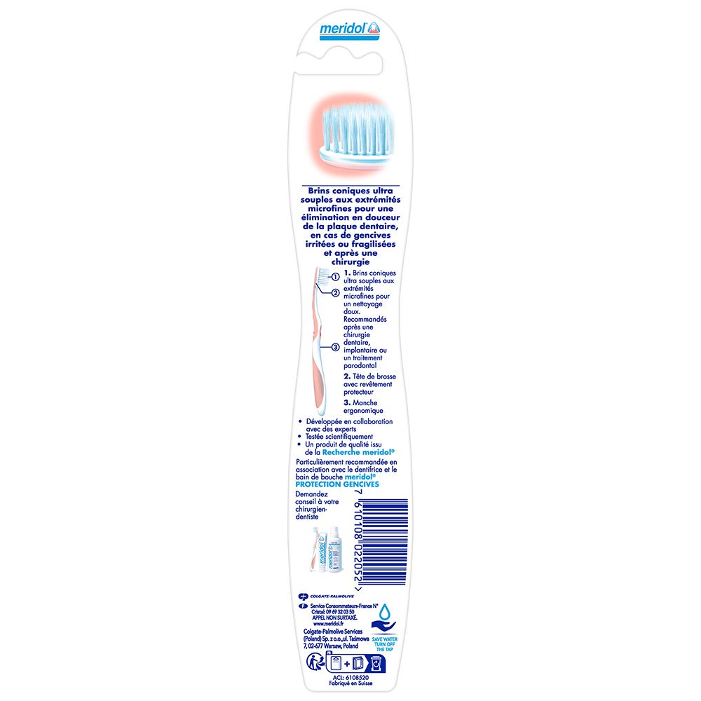 Dos de l'emballage de la brosse à dents. Informations et illustrations du produit. Marque : meridol.