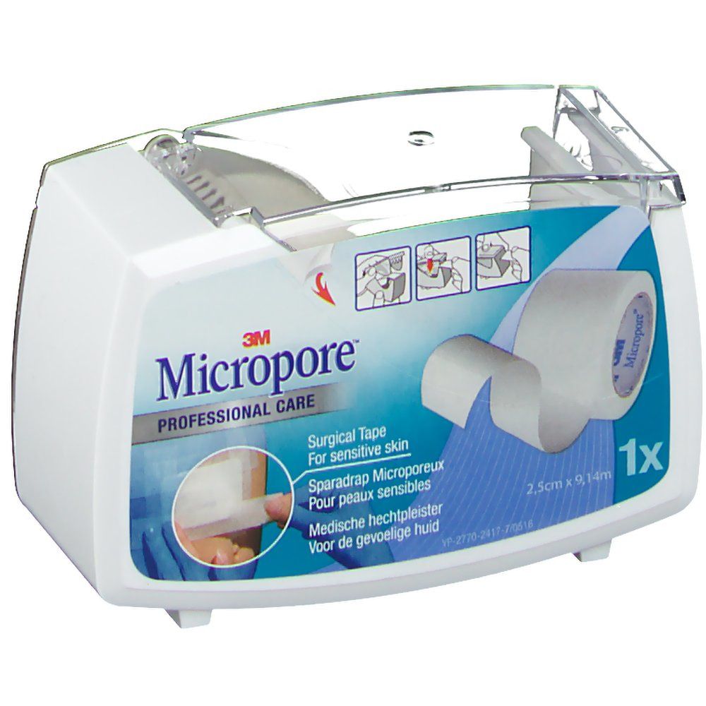 Distributeur blanc de ruban adhésif 3M Micropore. Inscriptions : Micropore, Surgical Tape, 2,5 cm x 9,14 m. Partie supérieure transparente.