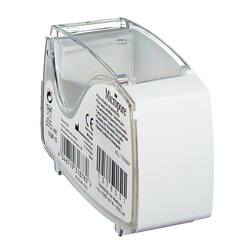 Distributeur blanc avec couvercle transparent. Inscriptions : Micropore, marquage CE, code-barres. Vue latérale.