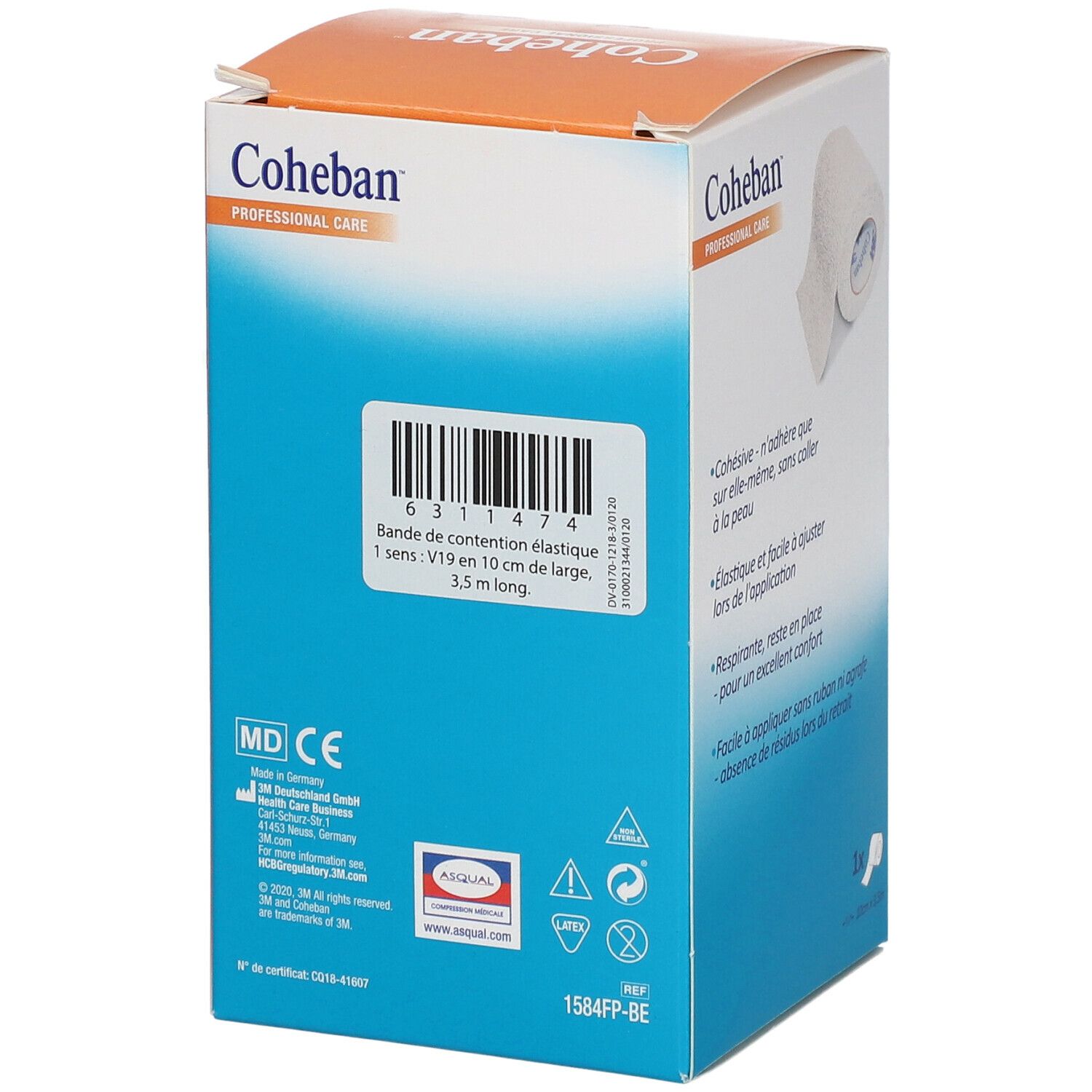 Dos de la boîte de ruban Cohéban. Inscriptions: Cohéban, Professional Care. Informations, code-barres, certifications, taille: 10 cm x 3,5 m.