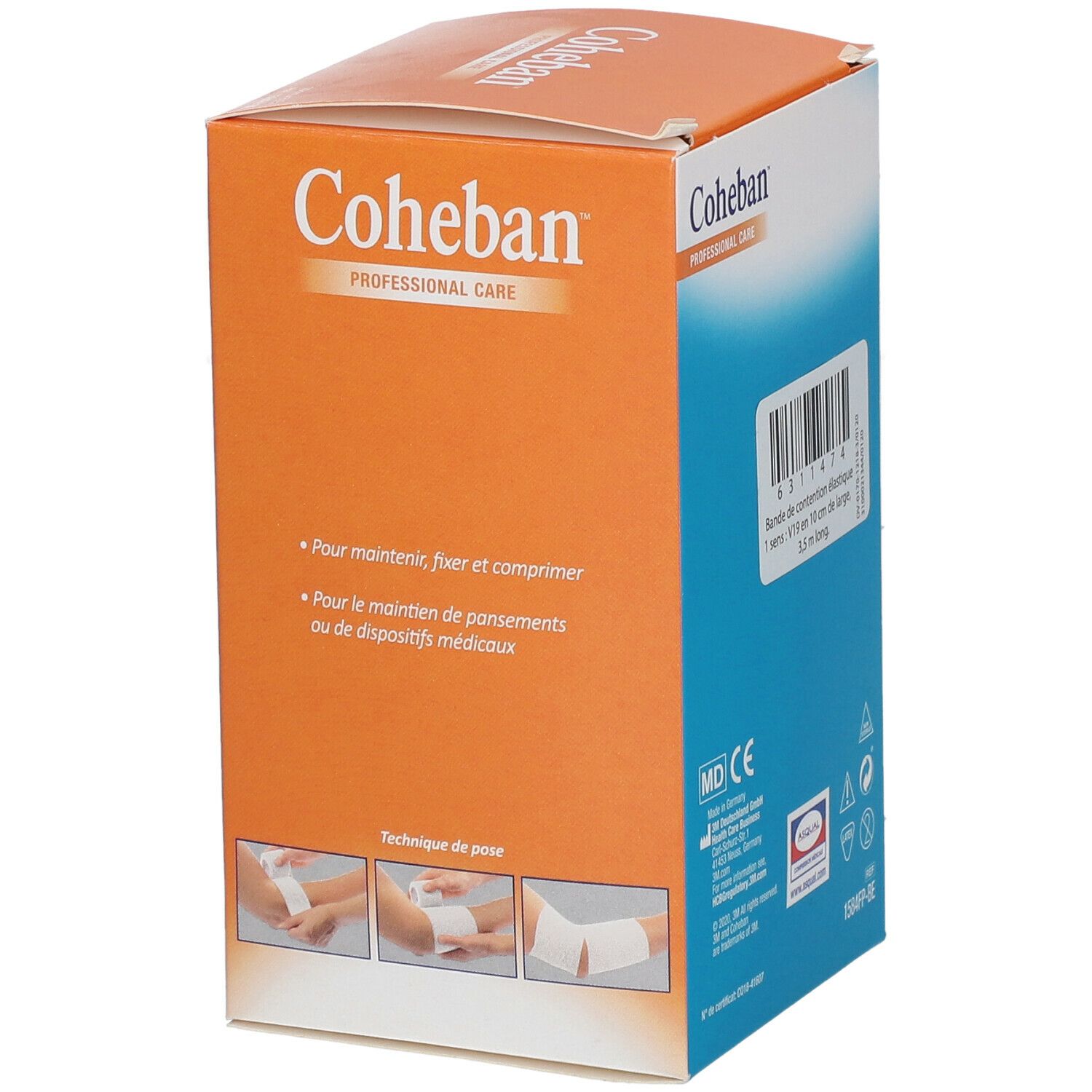 Côté de la boîte de ruban Cohéban. Inscriptions: Cohéban, Professional Care. Instructions d'utilisation. Illustrations: techniques d'enroulement.