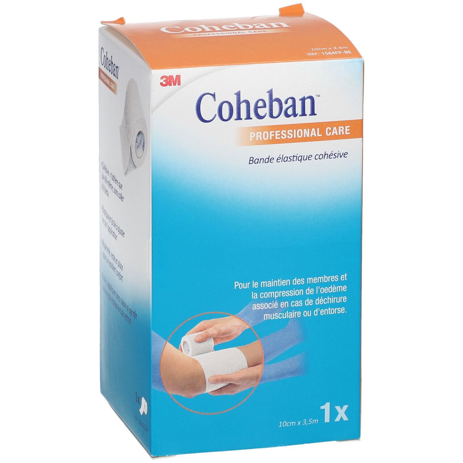 Boîte de ruban Cohéban. Inscriptions: 3M, Cohéban, Professional Care. Bande élastique, 10 cm x 3,5 m. Illustration: application sur un bras.
