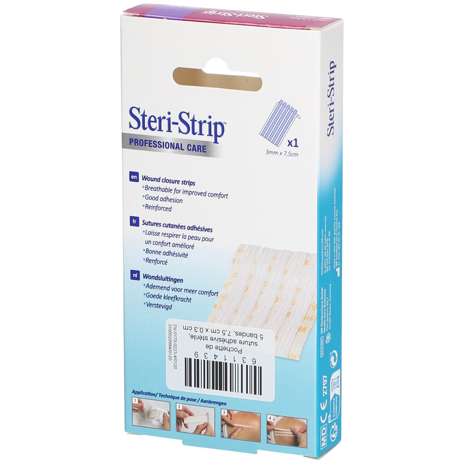 Dos de la boîte de Stéri-Strip. Contient 5 bandelettes de suture stériles. Dimensions : 3 mm x 75 mm. Informations produit.