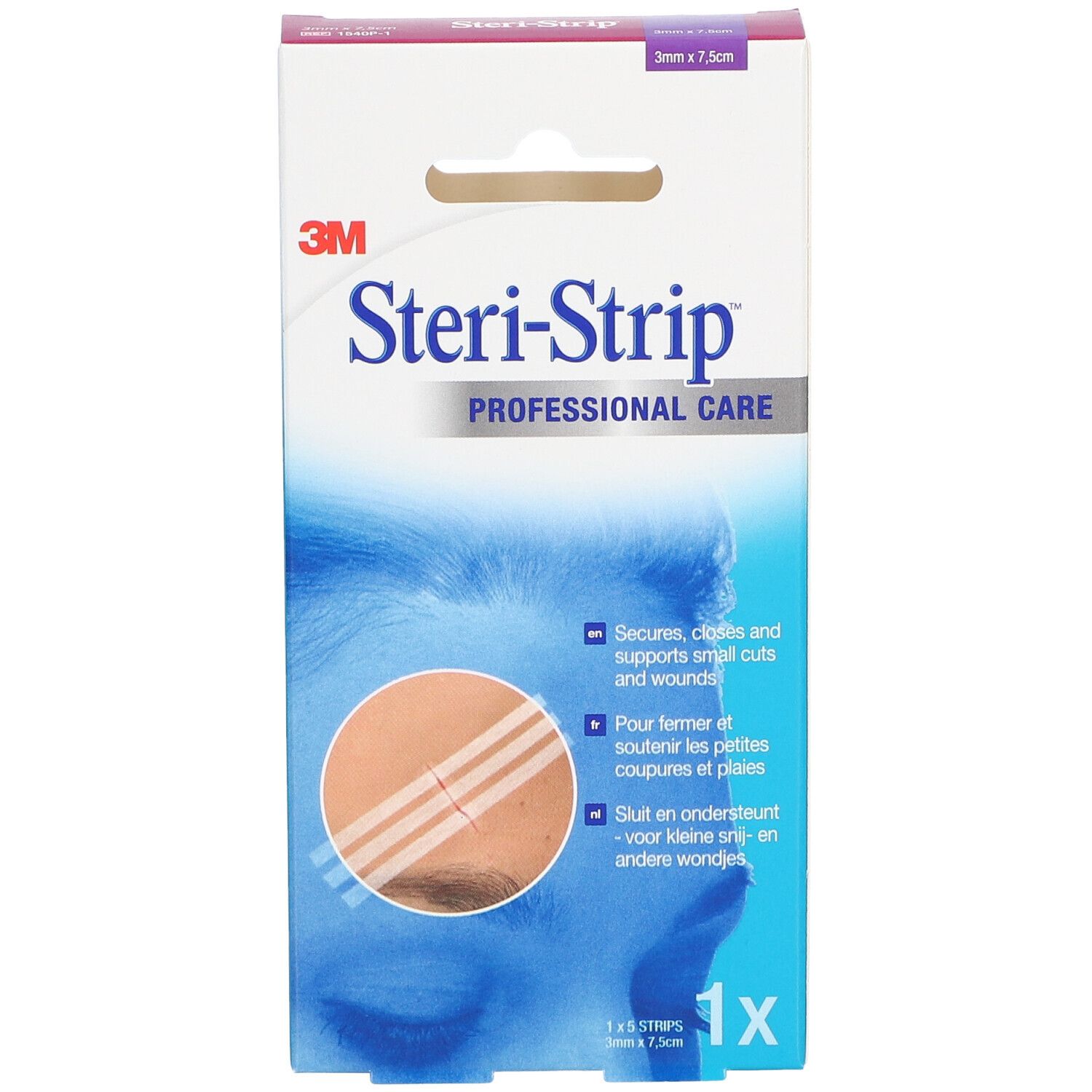 Boîte de Stéri-Strip 3M. Contient 5 bandelettes de suture stériles. Dimensions : 3 mm x 75 mm. Illustration du produit.