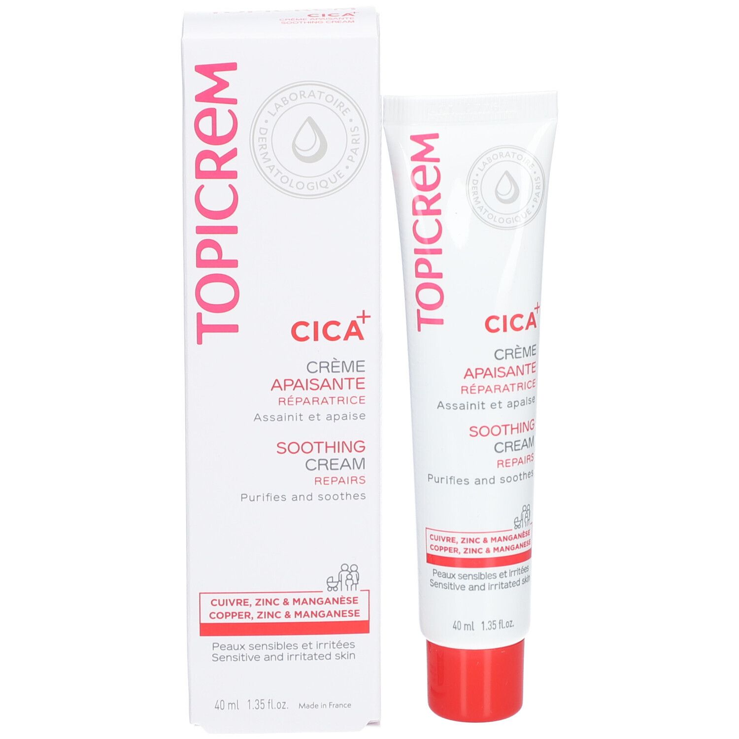 Tube et boîte de crème. Inscription TOPICREM, CICA+, crème apaisante. Contient cuivre, zinc et manganèse.