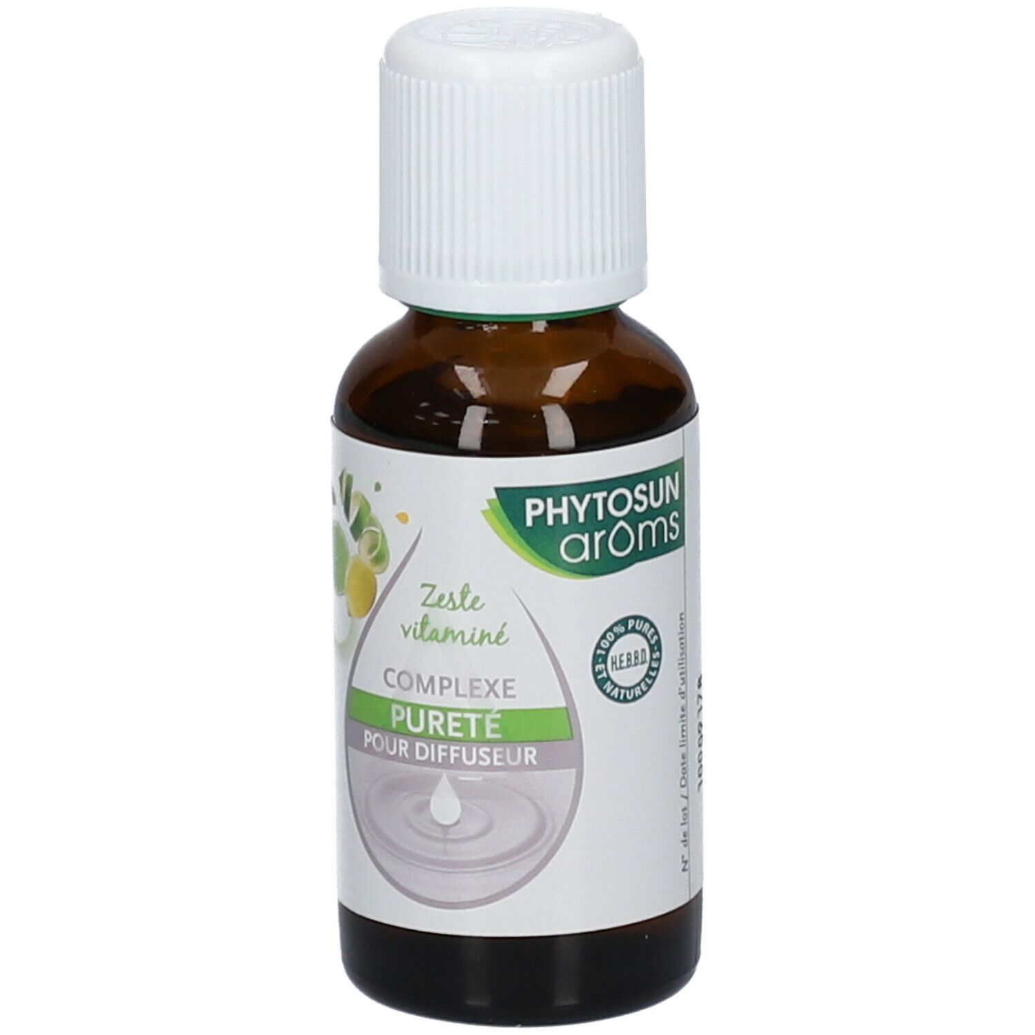 Bruine glazen fles met witte dop. Etiket met productnaam, citrusvruchtenillustratie en tekst. 30 ml.