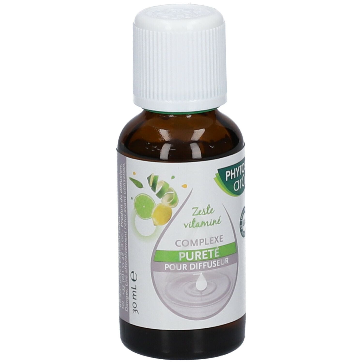 Bruine glazen fles met witte dop. Etiket met productnaam, citrusvruchtenillustratie en tekst. 30 ml.
