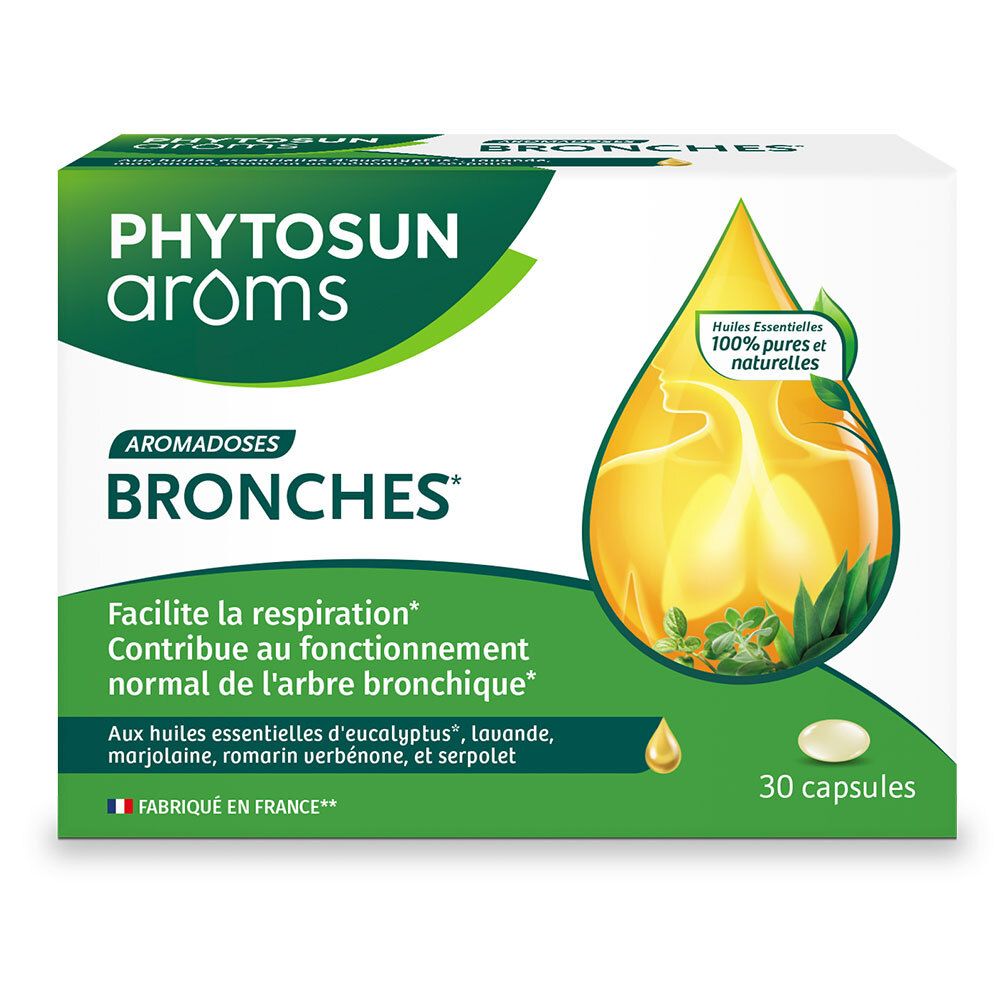 Schachtel mit Kapseln. Aufschrift: Phytosun Aroms, Aromadoses Bronches. Enthält 30 Kapseln. Mit grünen und gelben Akzenten.