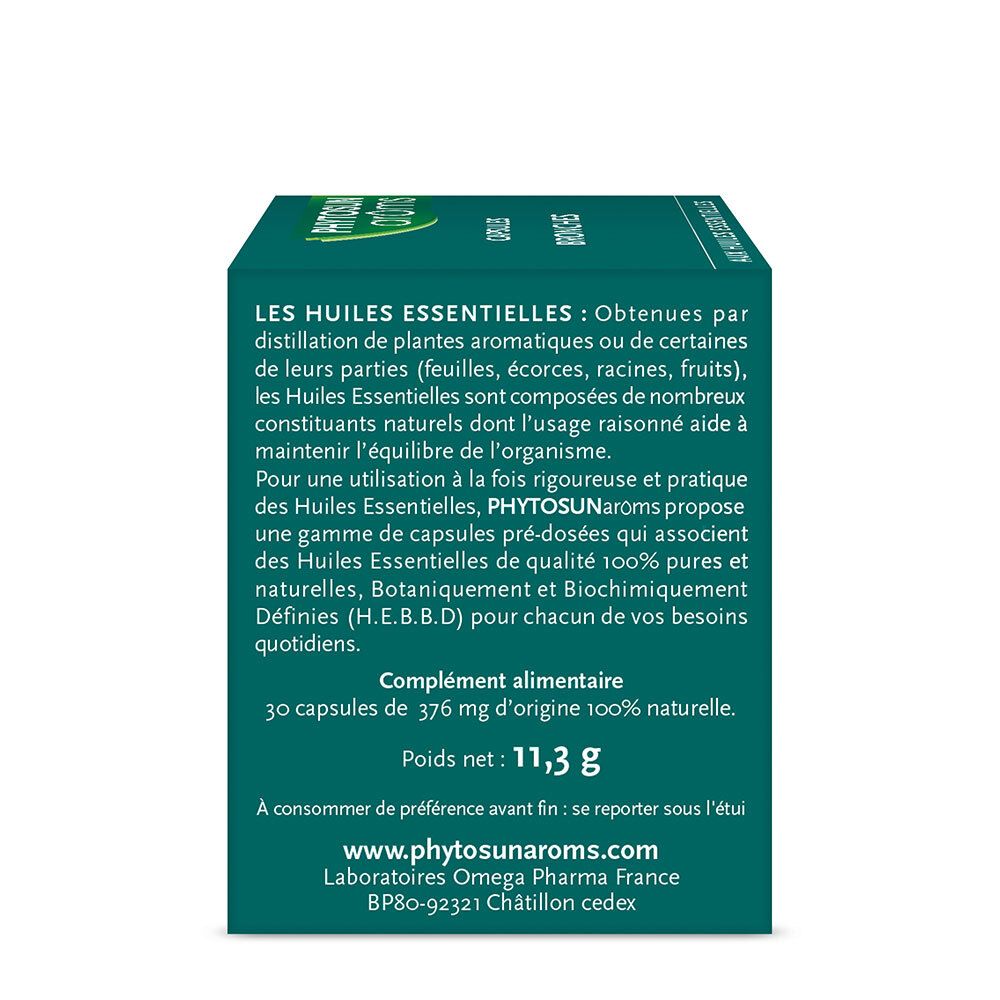 Rückseite der Schachtel. Enthält Informationen zu Inhaltsstoffen und Dosierung. Text in Französisch. Grüner Hintergrund.
