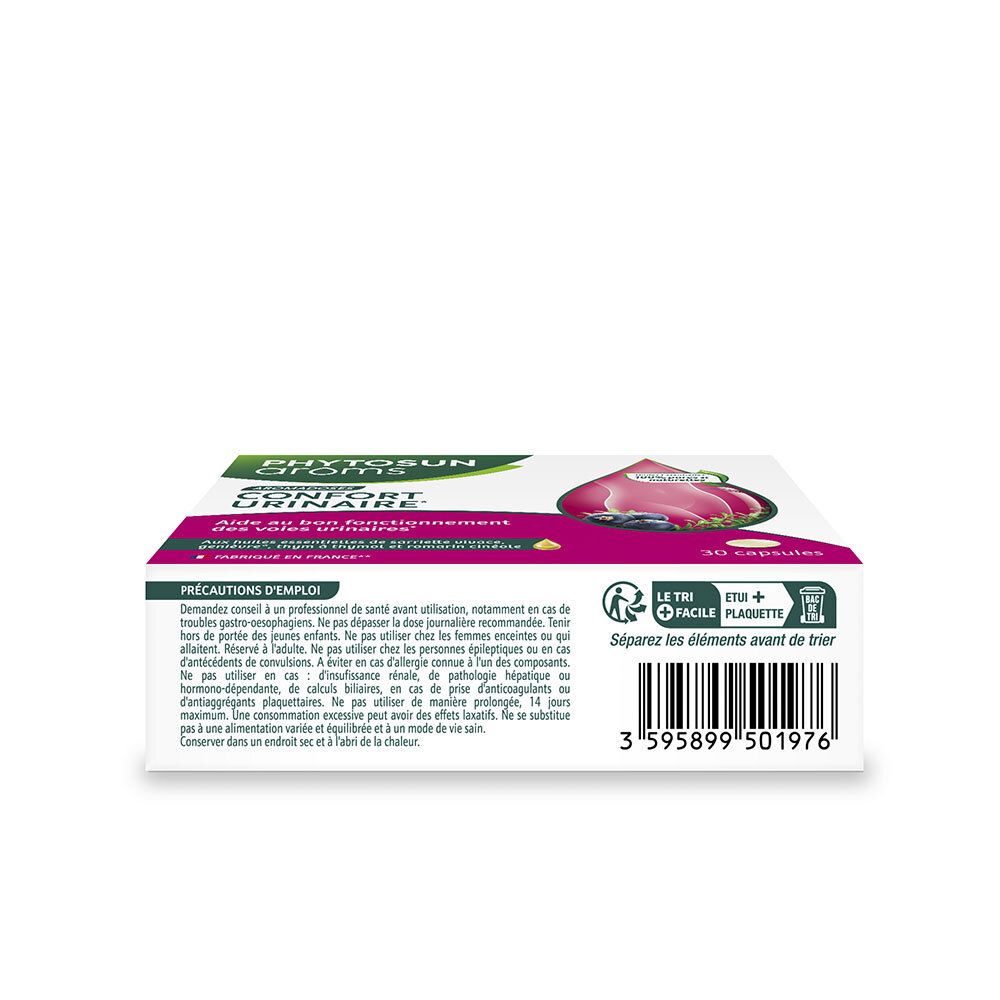 Bas de la boîte de Phytosun Aroms Aromadoses Confort Urinaire. Contient des précautions et des informations d'élimination.
