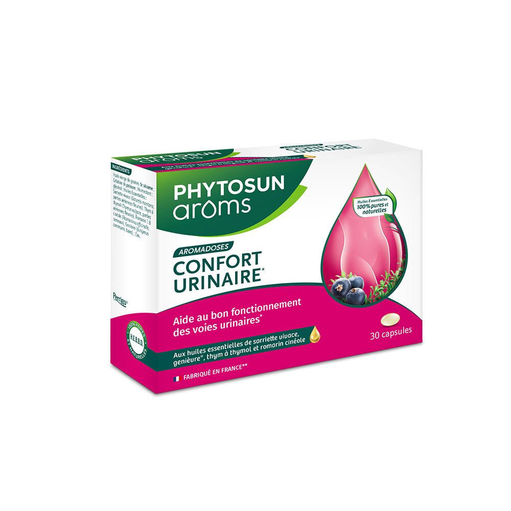 Boîte de Phytosun Aroms Aromadoses Confort Urinaire. Contient 30 capsules. Inscription : Aide au bon fonctionnement des voies urinaires.
