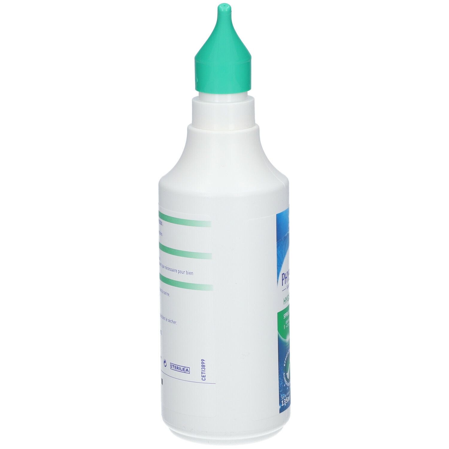 Spray nasal blanc, vue latérale. Embout vert. Inscription: Physiomer. Texte et logos sur la bouteille.