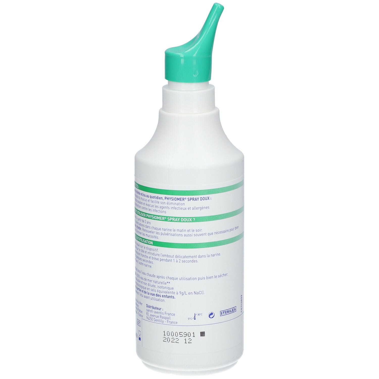 Dos d'un spray nasal blanc. Embout vert. Texte et logos. Inscription: Physiomer, Spray Doux.