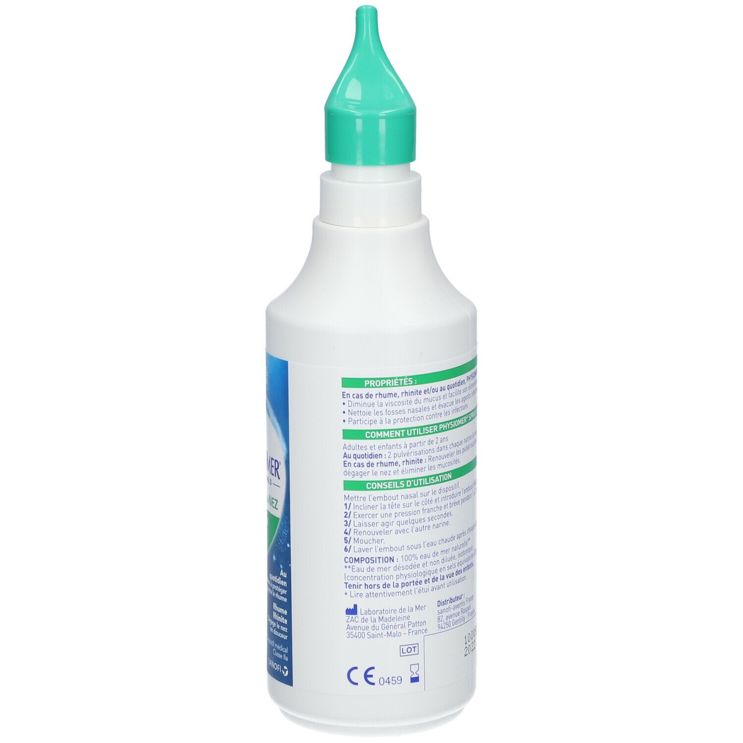 Dos d'un spray nasal blanc. Embout vert. Texte et logos. Inscription: Physiomer, Spray Doux.