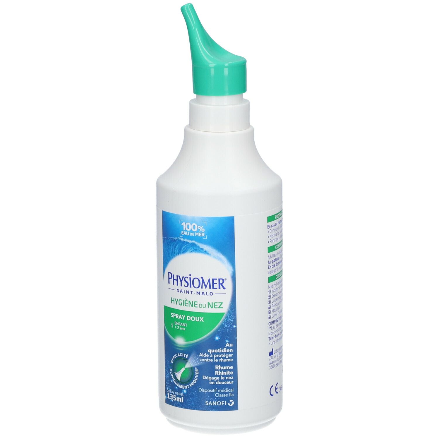Spray nasal blanc avec embout vert. Inscription: Physiomer, Hygiène du Nez, Spray Doux. 135ml.