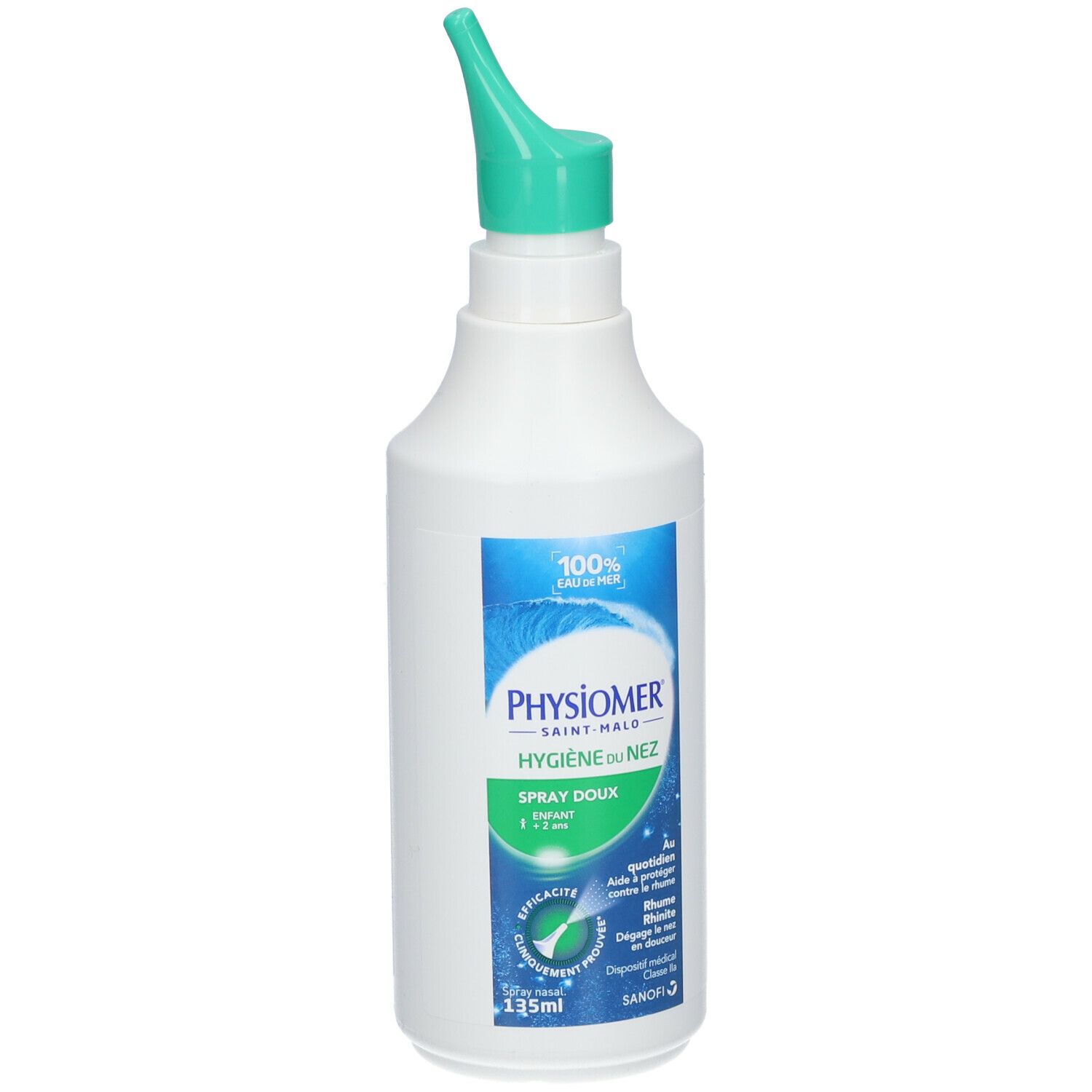Spray nasal blanc avec embout vert. Inscription: Physiomer, Hygiène du Nez, Spray Doux. 135ml.
