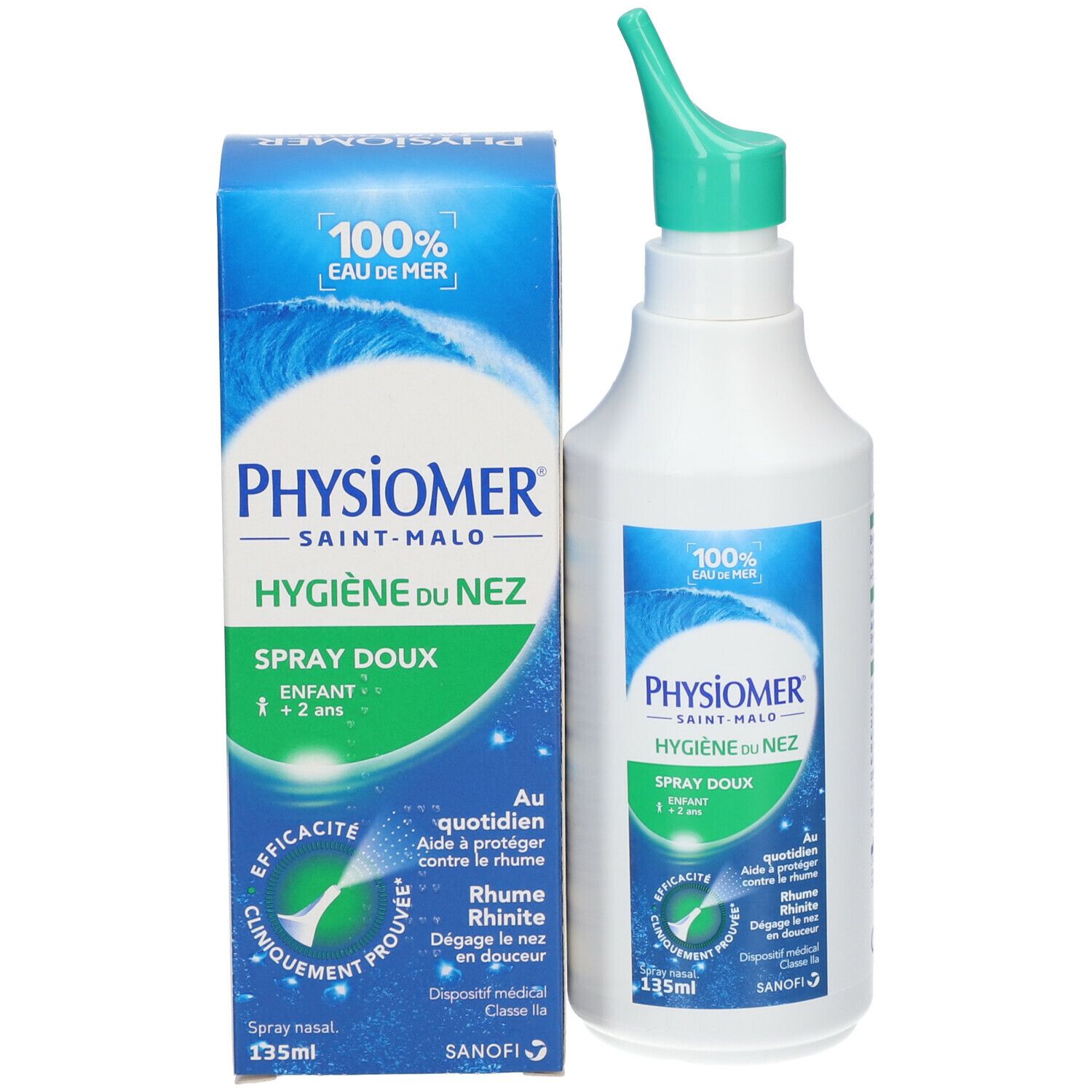 Spray nasal et emballage. Spray blanc avec embout vert. Emballage bleu. Inscription: Physiomer, Spray Doux.