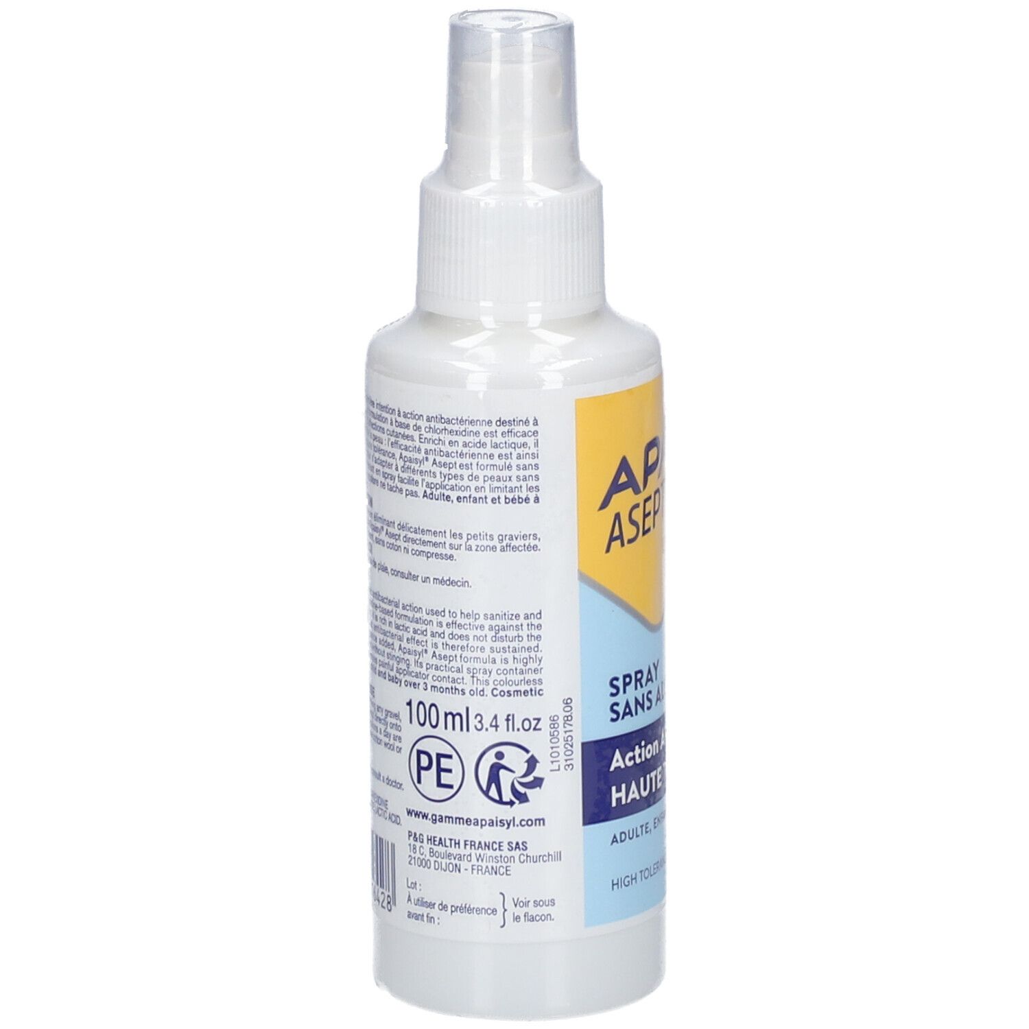 Flacon spray blanc, dos avec texte. Inscription: 100 ml, 3.4 fl.oz. Étiquette avec informations et ingrédients.