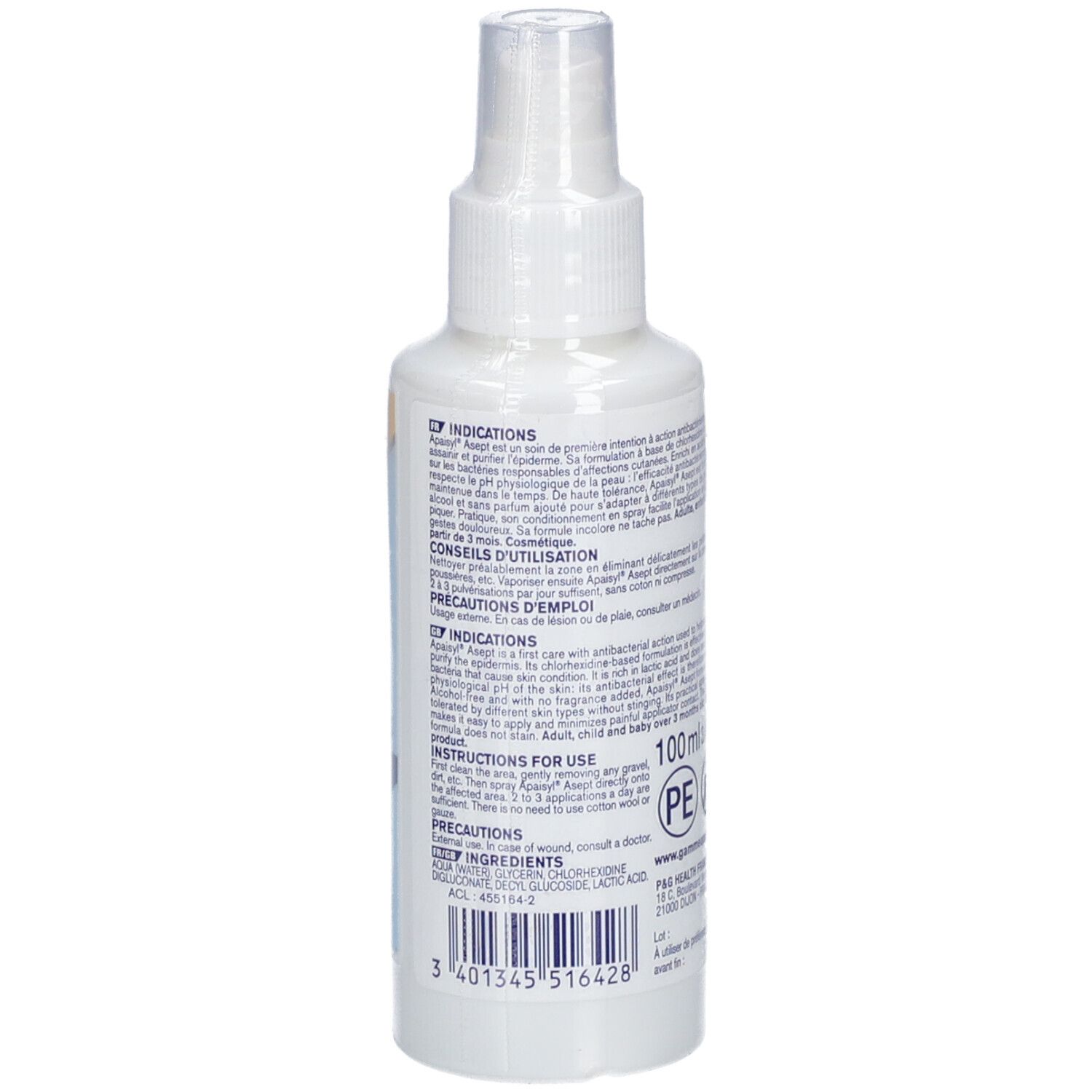 Flacon spray blanc, dos avec texte. Étiquette avec informations et ingrédients. Texte en français.