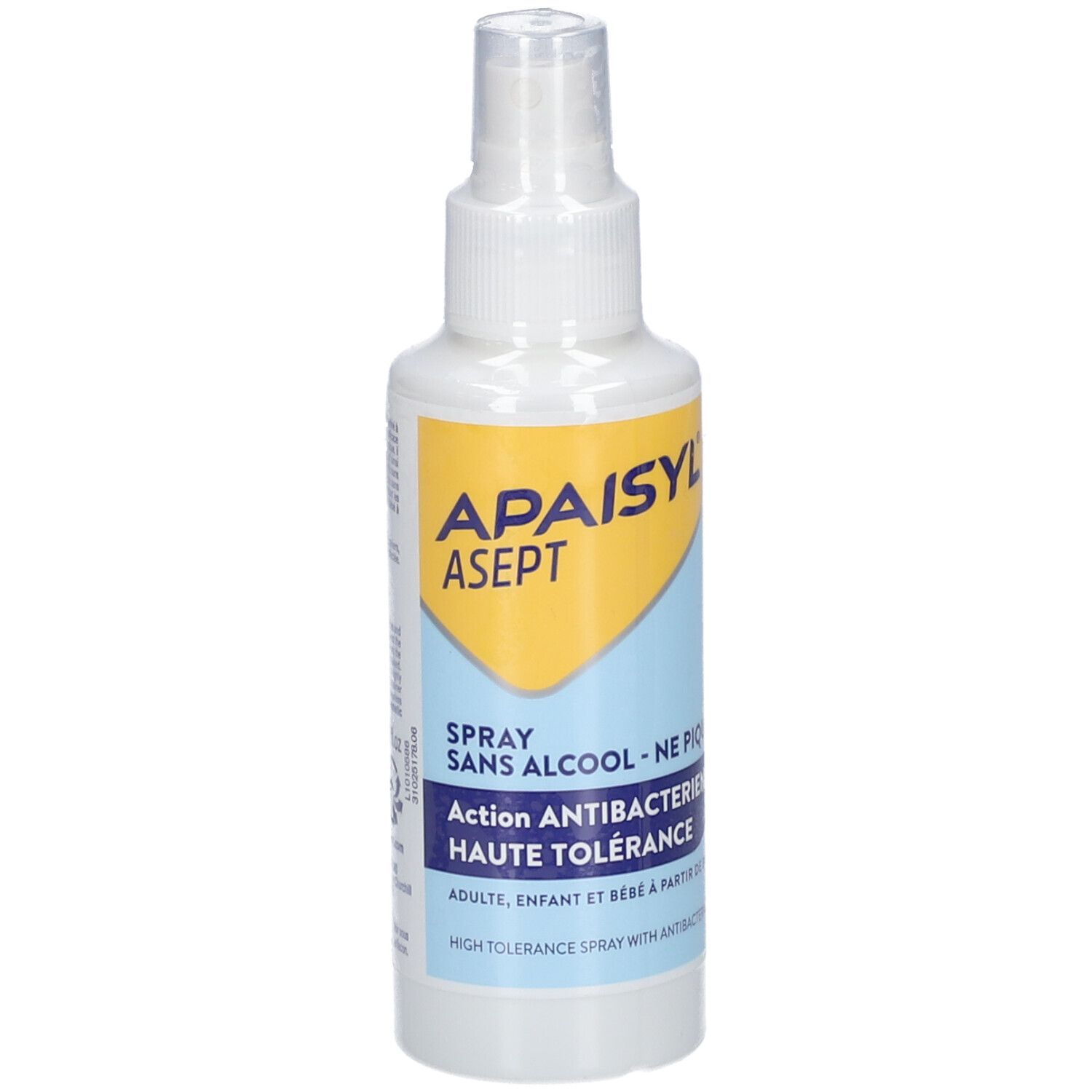Flacon spray blanc avec étiquette jaune et bleue. Inscription: APAISYL ASEPT. Texte: Spray sans alcool, Action antibactérienne.