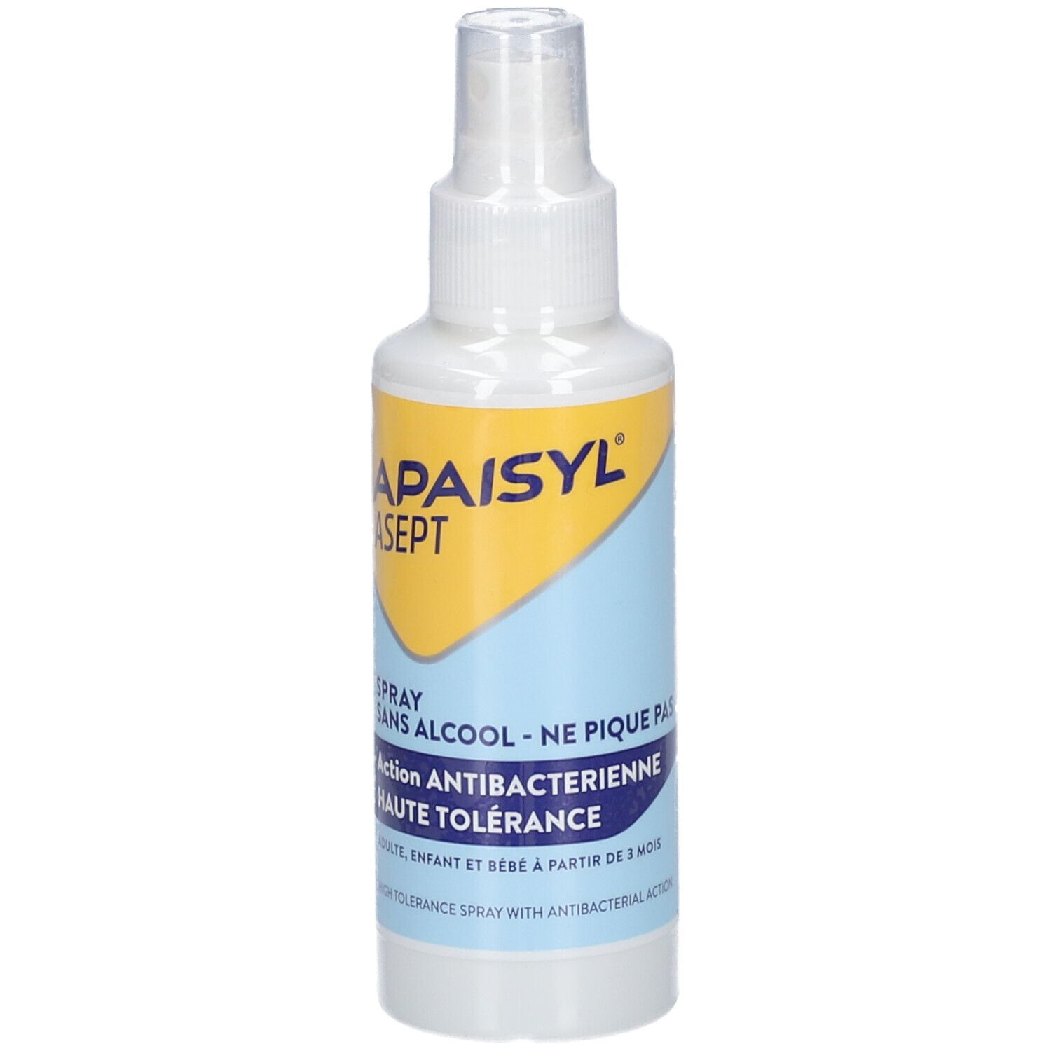 Flacon spray blanc avec étiquette jaune et bleue. Inscription: APAISYL ASEPT. Texte: Spray sans alcool, Action antibactérienne.