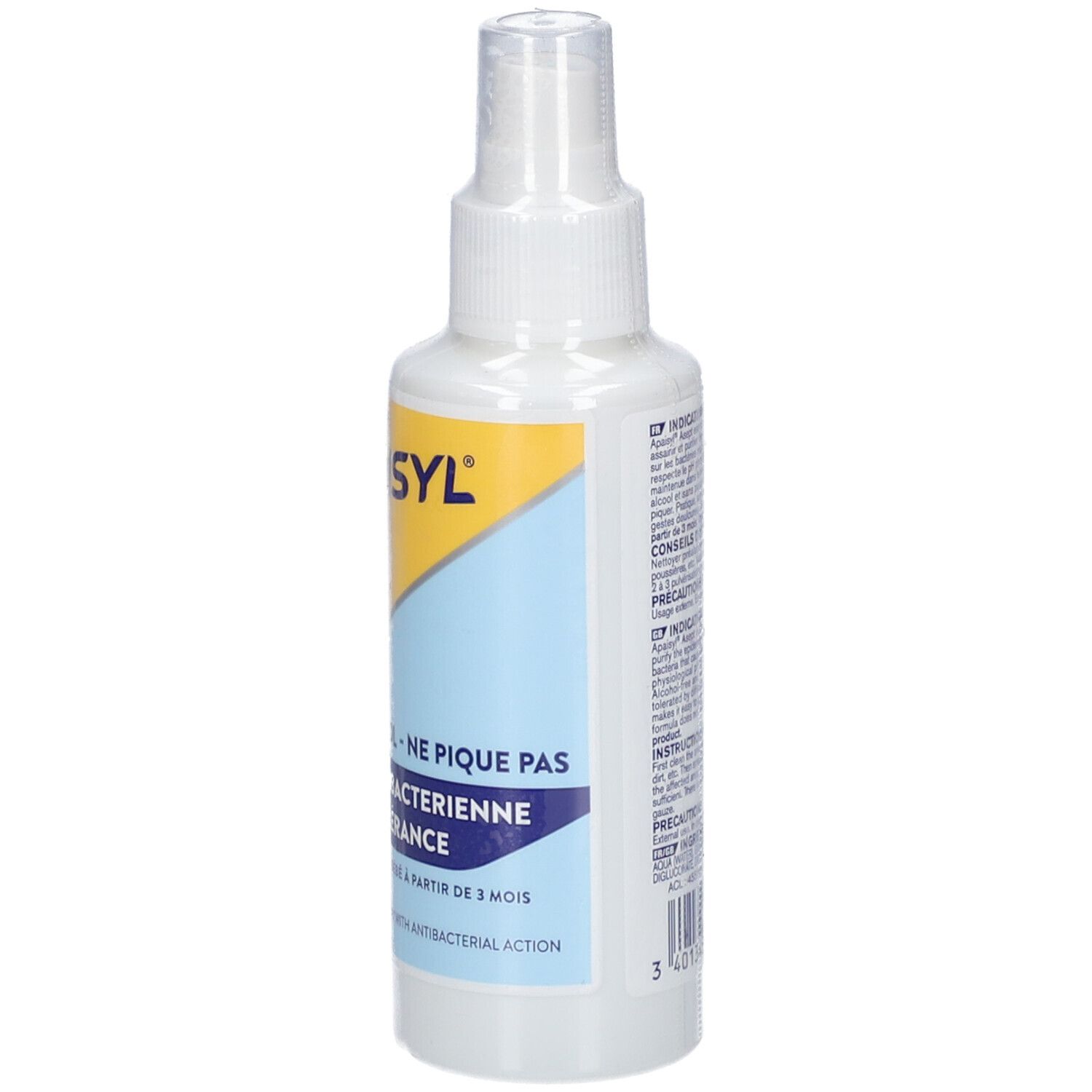 Flacon spray blanc, dos avec texte. Inscription: APAISYL. Texte: Spray sans alcool, Action antibactérienne.