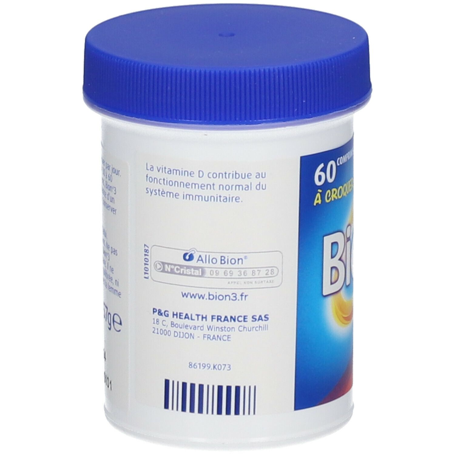Dos du flacon blanc, bouchon bleu. Texte: informations sur Bion3, coordonnées, ingrédients.